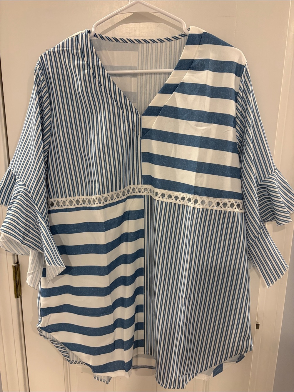Blue & White Striped Patchwork Tunic with Lace Accent